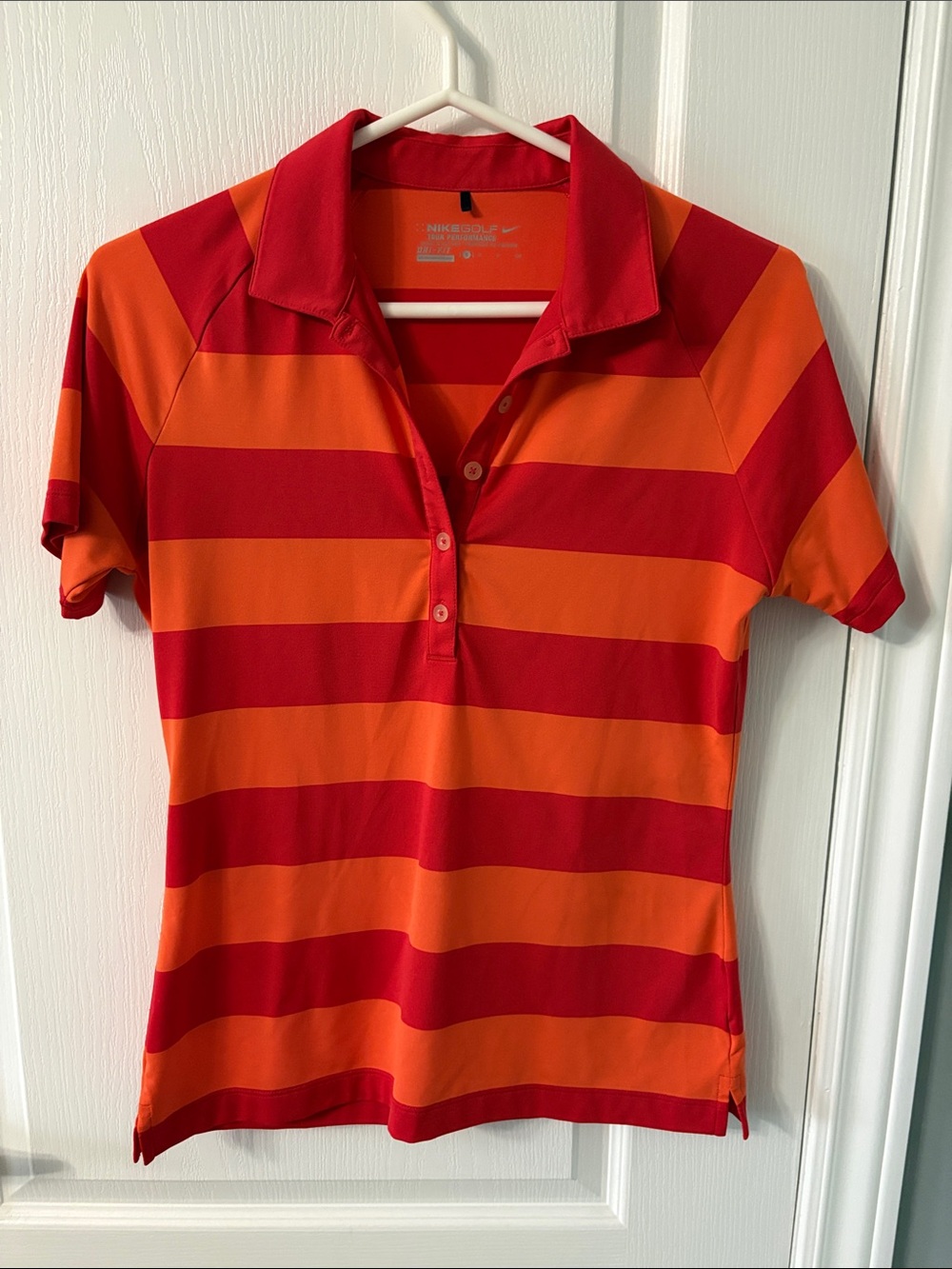 Nike Women’s Red and Orange Striped Polo Shirt